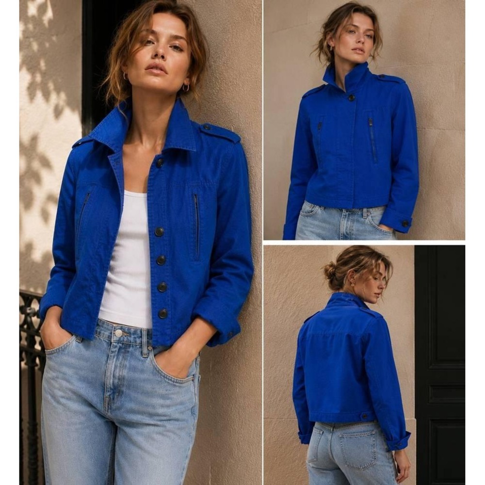 Banana Republic Cropped French Jacket Voltage Blue Linen Cotton Petite Small PS
